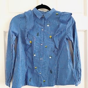 ZARA GIRLS striped collared dress shirt with floral design and ruffles